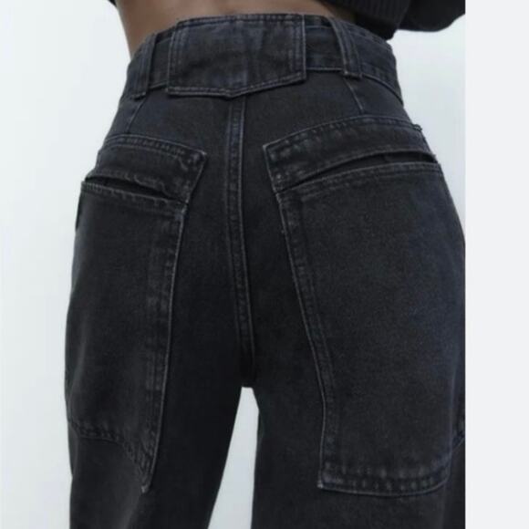 Zara Cargo Utility Belted Denim Jeans High Rise Wide Gray Sz2 belt not included - Picture 3 of 16